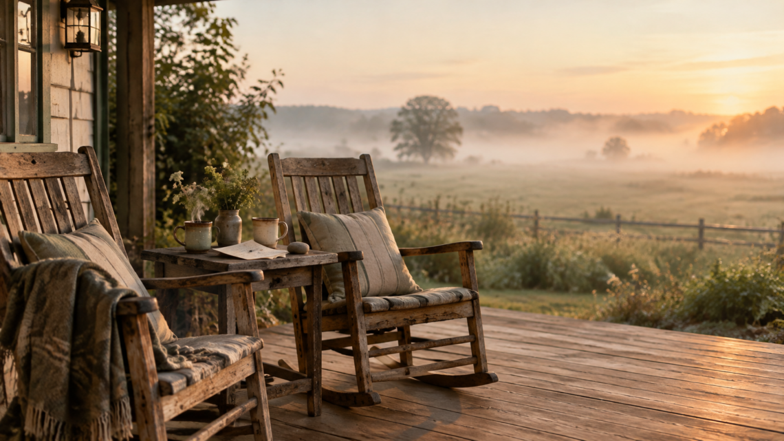 Two wooden porch chairs at dawn with two mugs and a handwritten letter between them, symbolizing unfinished conversations and grief.