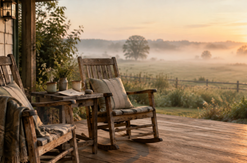 Two wooden porch chairs at dawn with two mugs and a handwritten letter between them, symbolizing unfinished conversations and grief.