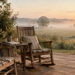 Two wooden porch chairs at dawn with two mugs and a handwritten letter between them, symbolizing unfinished conversations and grief.