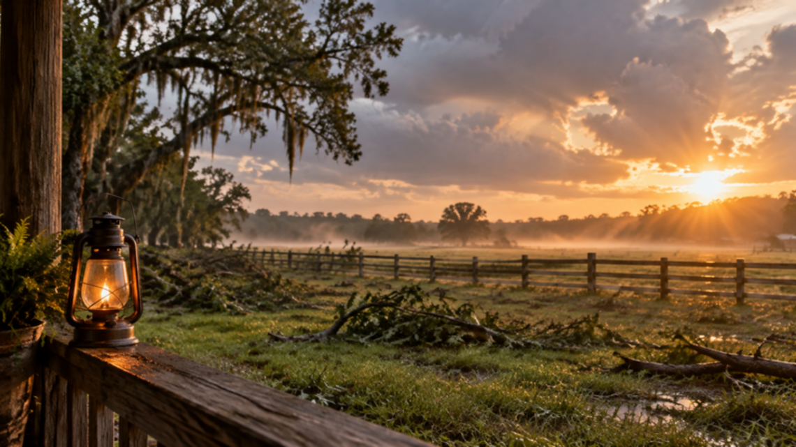 Golden sunrise breaking through storm clouds over a fenced pasture after a hurricane, with a glowing lantern on a porch rail.