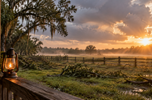 Golden sunrise breaking through storm clouds over a fenced pasture after a hurricane, with a glowing lantern on a porch rail.
