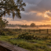 Golden sunrise breaking through storm clouds over a fenced pasture after a hurricane, with a glowing lantern on a porch rail.