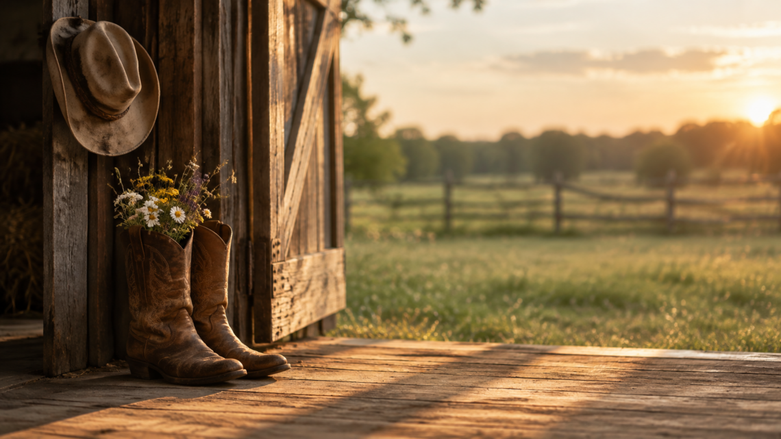 Worn cowgirl boots with wildflowers growing from one boot beside an open barn door, symbolizing releasing a tough identity and finding authentic self.