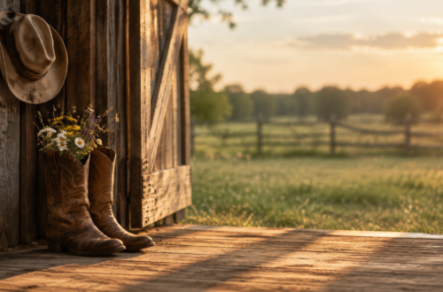 Worn cowgirl boots with wildflowers growing from one boot beside an open barn door, symbolizing releasing a tough identity and finding authentic self.